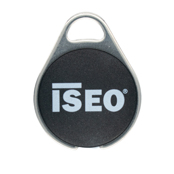 Schwarzer ABS Schlüsselanhänger DESFire EV2 mit ISEO-Logo und UID